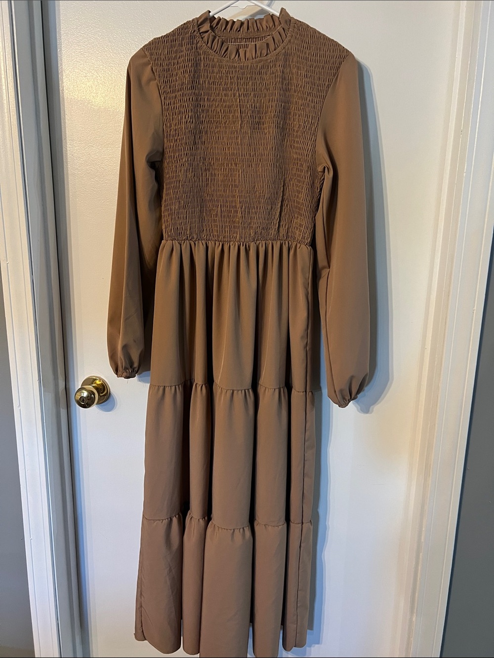 Brown Long-Sleeve Tiered Maxi Dress